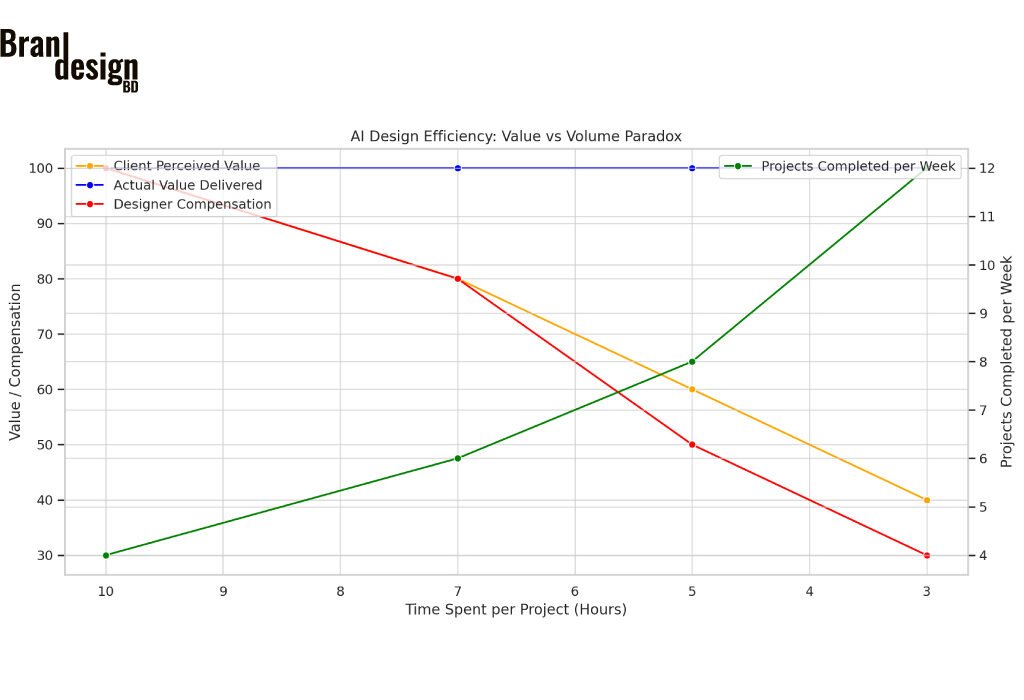 This combined chart illustrates the paradox of AI in design work:

As time spent per project decreases, the number of projects completed per week increases (green line).

Despite maintaining high actual value (blue line), both client-perceived value (orange) and designer compensation (red) decline.