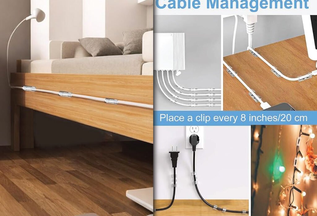 A collage showing the versatile uses of adhesive cable clips. The images show the clips managing a cable along a bed frame, organizing TV and PC wires, and holding outdoor string lights, demonstrating their function as Adhesive Cable Clips for Wall, Finisher Wire Clamp for TV PC Laptop, and Cable Management Clips Outdoor Light Clips.