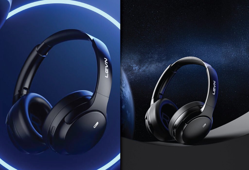 A split image showing black LKVN over-ear headphones with blue accents in two futuristic, tech-themed settings.