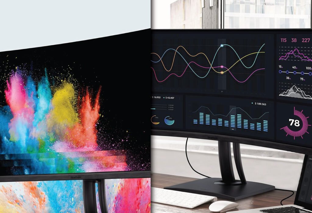Two curved ultrawide monitors, one displaying a vibrant burst of colorful powder and the other showing data analytics, highlighting the immersive experience of a 34-inch ultrawide monitor with a 21:9 aspect ratio.