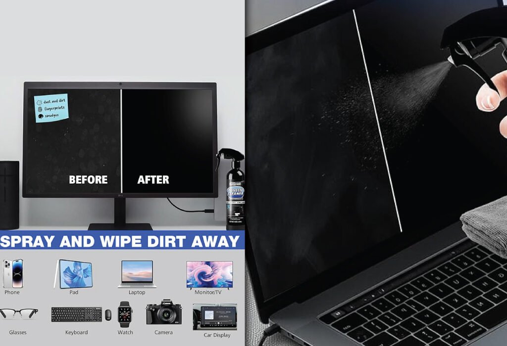 A split image showing the effectiveness of a screen cleaner. The left side shows a before-and-after comparison on a monitor and a list of compatible devices. The right side shows the cleaner being sprayed and wiped on a laptop screen, highlighting it as a crucial Screen Cleaner Spray and Wipe for Graphic and web Design Agency Setup Accessories.