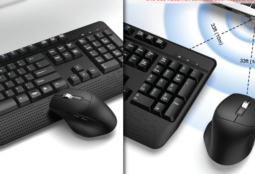 A split-screen image showing a dark grey wireless keyboard and mouse combination from two different angles, highlighting its ergonomic design and long-range connectivity with a single USB receiver.