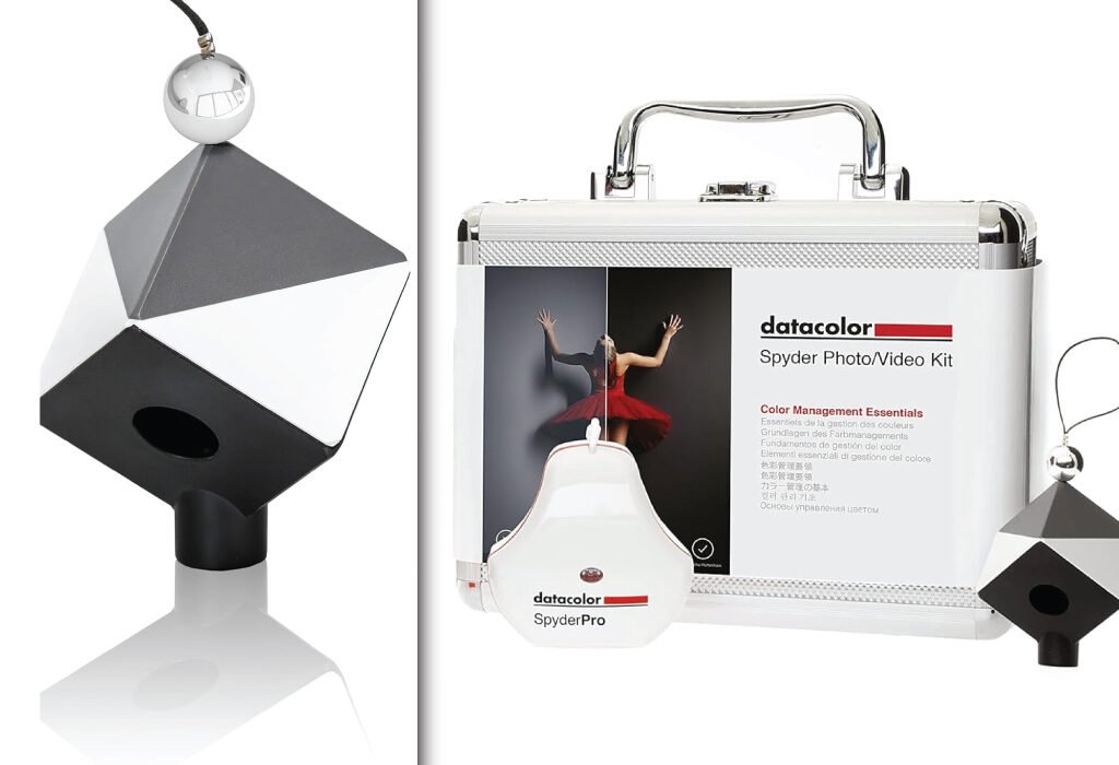 A dual-panel image showing a Datacolor SpyderCube for white balance and a Datacolor Spyder Photo/Video Kit, emphasizing tools for a calibrated display.