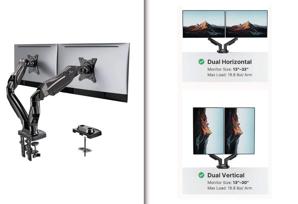 A dual monitor stand with articulated arms and a clamp mount. The image also shows diagrams of both a dual horizontal and a dual vertical monitor setup, highlighting its versatility as a Dual Monitor Stand for Graphic Design Agency Setup Accessories.