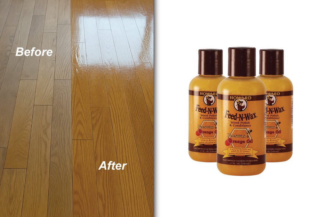 A before-and-after comparison showing a wooden floor restored with polish. On the right, three bottles of Howard Feed-N-Wax Wood Polish & Conditioner are displayed, showcasing a valuable Beeswax Polish for Graphic and web Design Agency Setup Accessories.