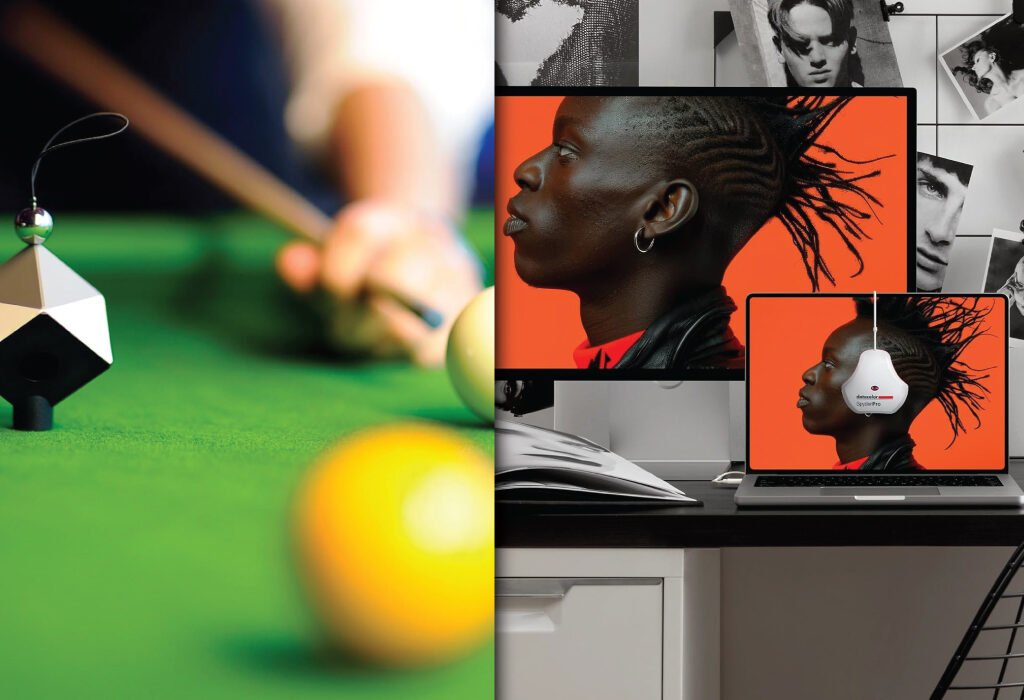 A dual-panel image showing a Datacolor SpyderCube on a pool table and a Datacolor SpyderX calibration tool on a laptop, demonstrating the use of a Datacolor Spyder Photo/Video Kit for a calibrated display.