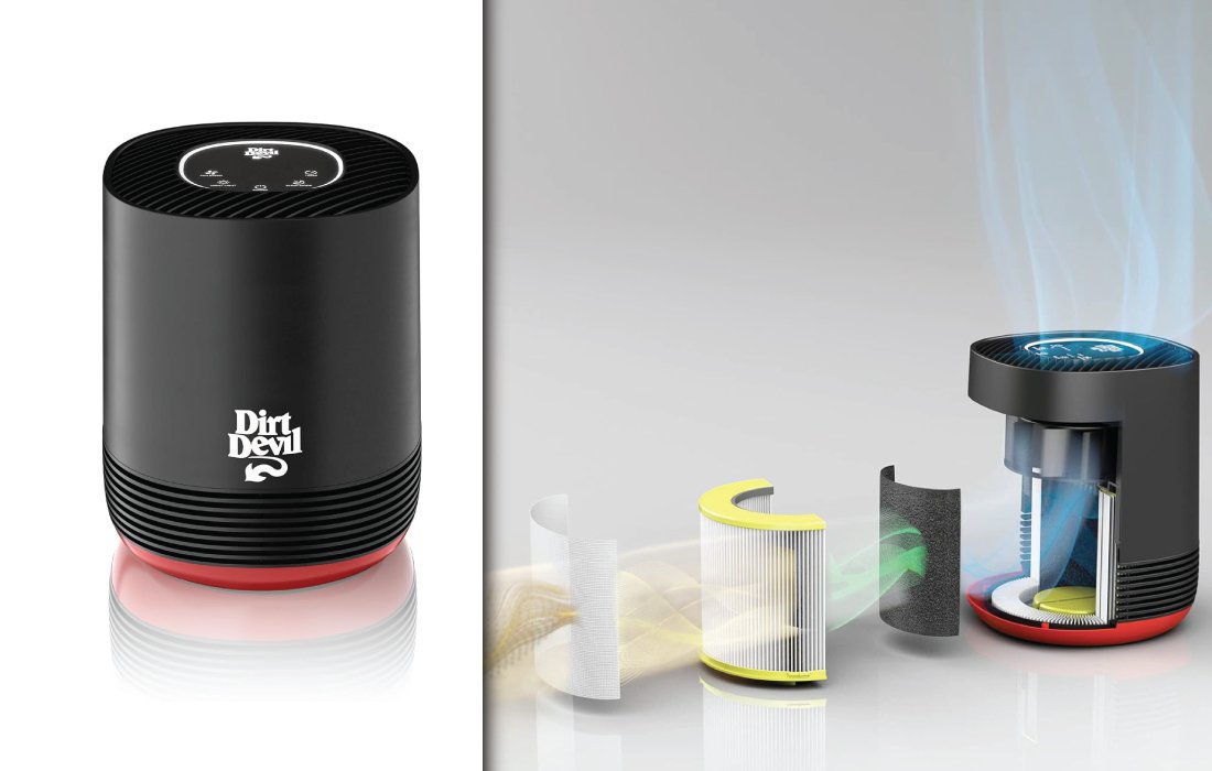 An image showing a black and red Dirt Devil air purifier on the left, and on the right, an exploded view of the same air purifier revealing its internal components and multi-stage filtration system, including a pre-filter, HEPA filter, and active carbon filter, with blue air being released from the top.
