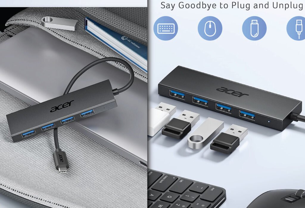 An Acer USB hub with four ports is shown connected to a laptop. The image highlights its convenience by showing various USB devices, positioning it as an essential Multiple USB port for Agency Setup Accessories.