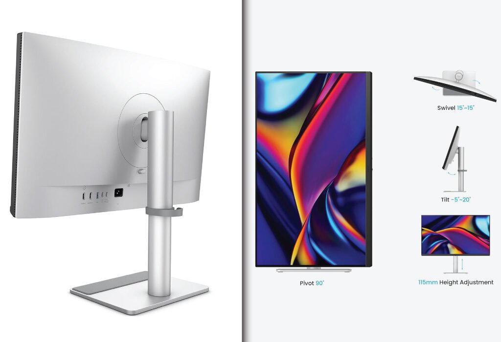 A BenQ MA270U 27-inch monitor is shown from the back with its ports, and its adjustable features are highlighted including a 90-degree pivot, swivel, tilt, and height adjustment.