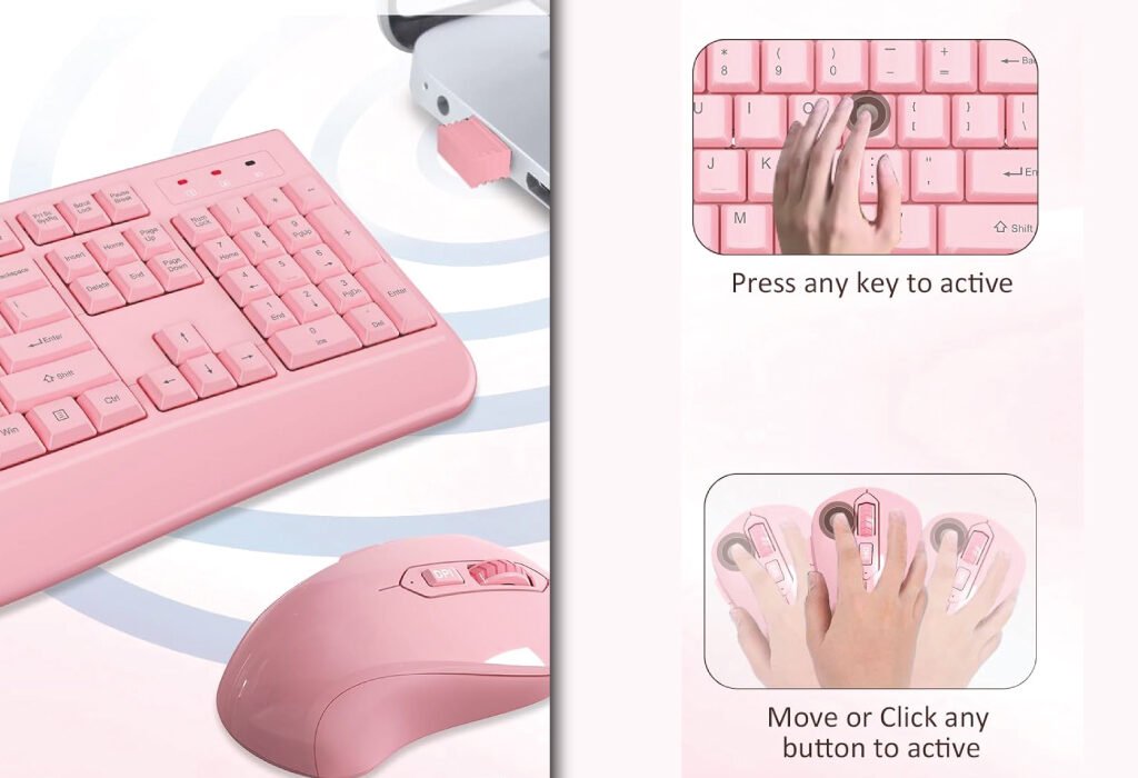 A pink wireless keyboard and mouse combination with a small USB receiver plugged into a laptop, with two additional panels showing how to activate the devices by pressing a key or clicking a button.