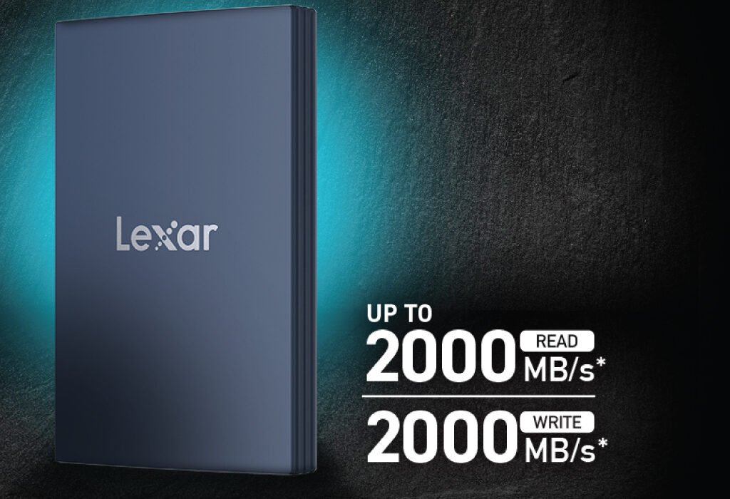 A dark blue Lexar-branded portable external hard drive, shown glowing with blue light. The image highlights its high-speed performance with overlaid text indicating UP TO 2000 READ MB/s* and 2000 WRITE MB/s*.