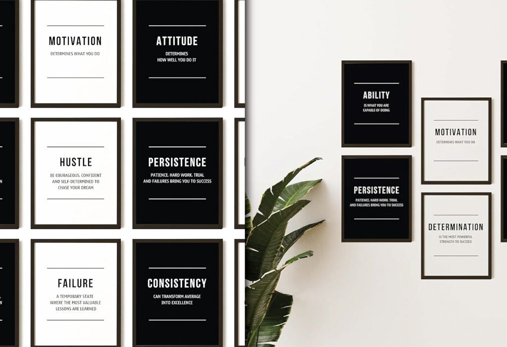 A collection of minimalist black and white framed posters with motivational phrases like MOTIVATION, HUSTLE, and PERSISTENCE. This Motivational Wall Art for web Design Agency Setup Accessories is shown in a grid layout on a wall, offering inspiration for a creative workspace.