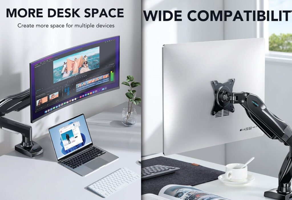 A split image showing a single monitor stand in use. The left side highlights how it creates MORE DESK SPACE for a monitor and laptop setup. The right side emphasizes its WIDE COMPATIBILITY with different monitors, showcasing it as a Single Monitor Stand for Graphic Design Agency Setup Accessories.