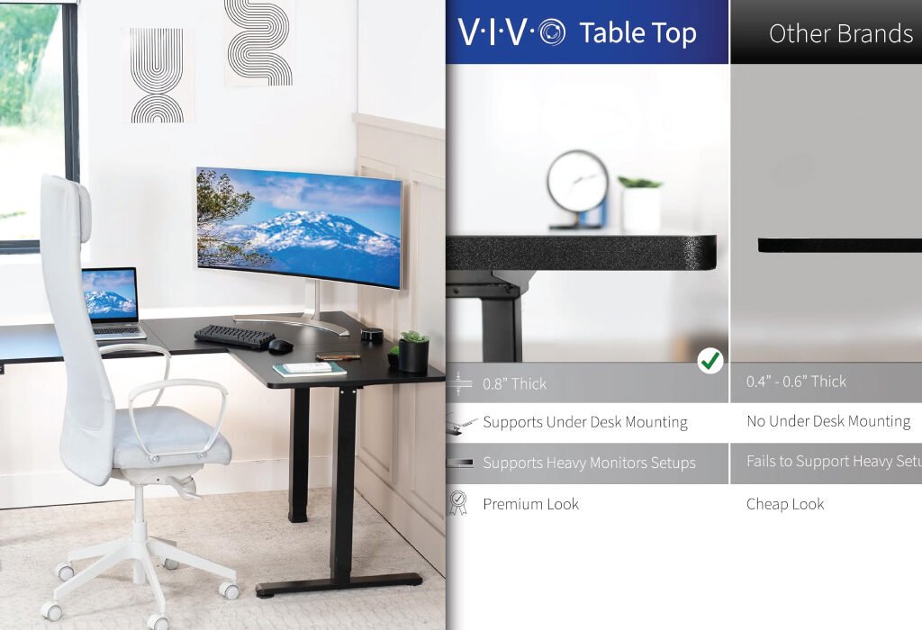 A VIVO L-shaped Height Adjustable Desk in a modern office setup, with a comparison chart highlighting its premium features like a 0.8-inch thick tabletop and support for heavy monitor setups.