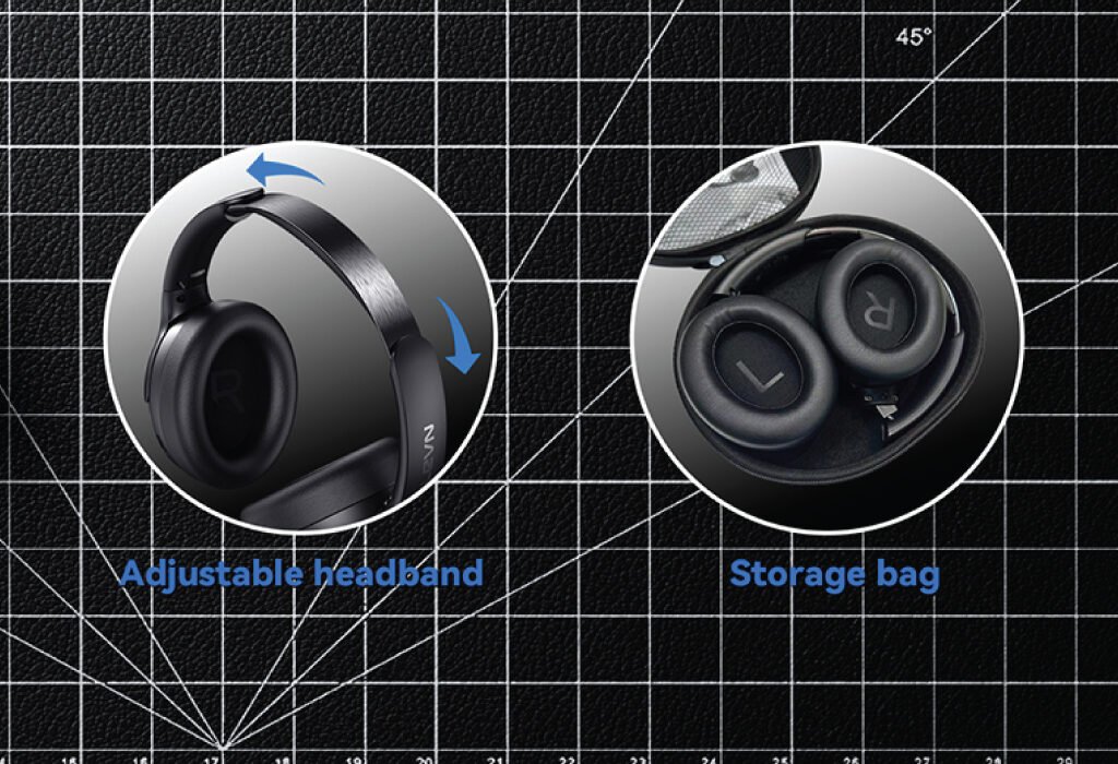 A collage highlighting the features of the LEVN headphones. The image shows the adjustable headband and the compact storage bag, emphasizing the portability and comfort of the LEVN Noise Cancelling Headphone for All Your Devices.