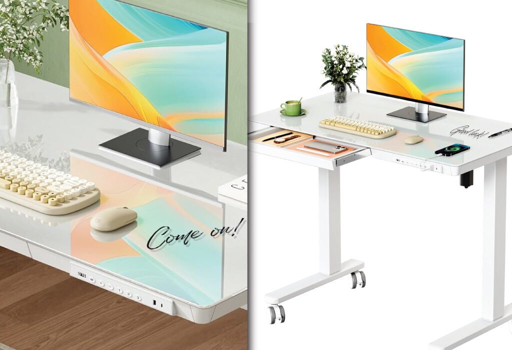 A split image showing a white height adjustable desk with a monitor, keyboard, and mouse. The right side highlights features like a drawer, a control panel, and wheels, showcasing an ideal setup for Height Adjustable Desks for Graphic Designers.