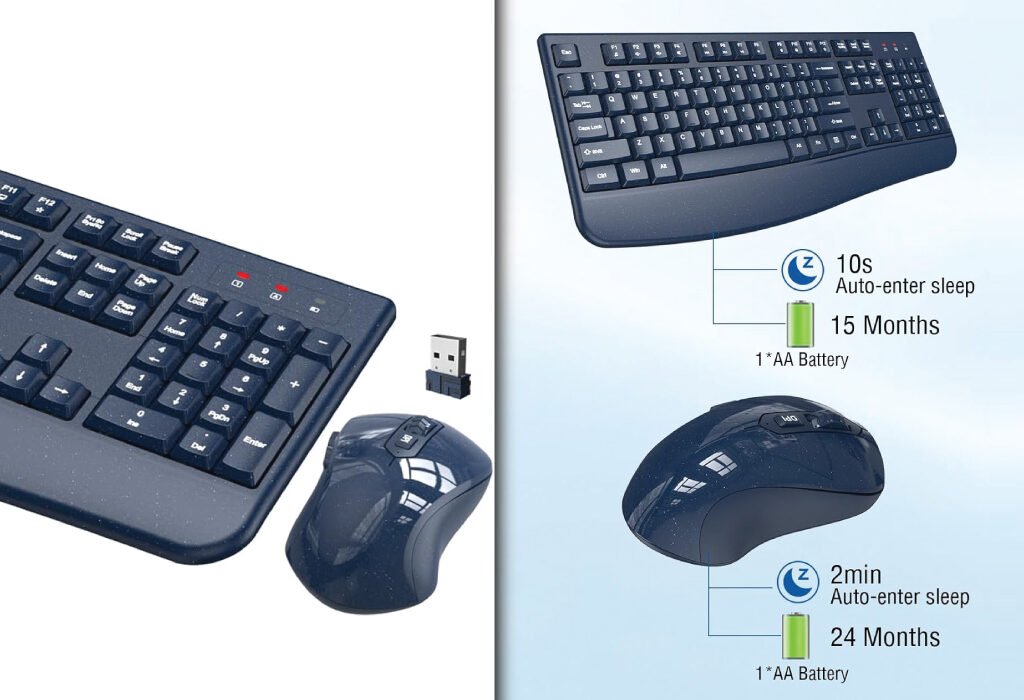 A dark grey wireless keyboard and mouse set shown in a split-screen image, with an infographic highlighting a long battery life, a USB receiver, and auto-sleep features.